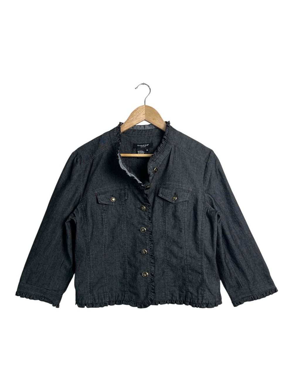 Sandro Sportswear Dark Wash Lightweight Denim Ruffle Trim Jacket Size M